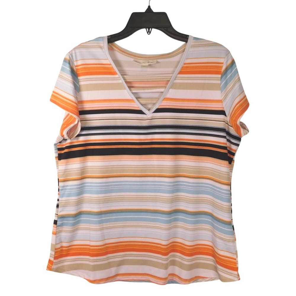 Emaline Womens V-Neck Strappy Stripe Short Sleeve Top Orange Blue Tan Large